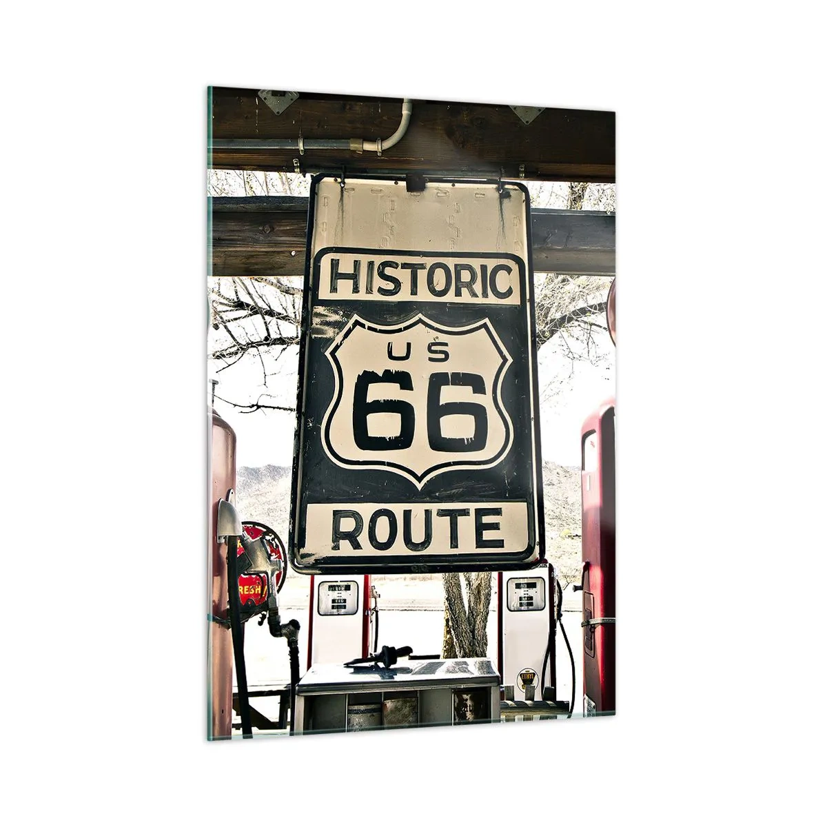 Cuadro sobre vidrio - Impresiones sobre Vidrio - Surtidores de gasolina antiguos y letrero de la Ruta 66 - 50x70cm - Un viaje retro americano - Decoración de pared moderna para salón y dormitorio ARTTOR