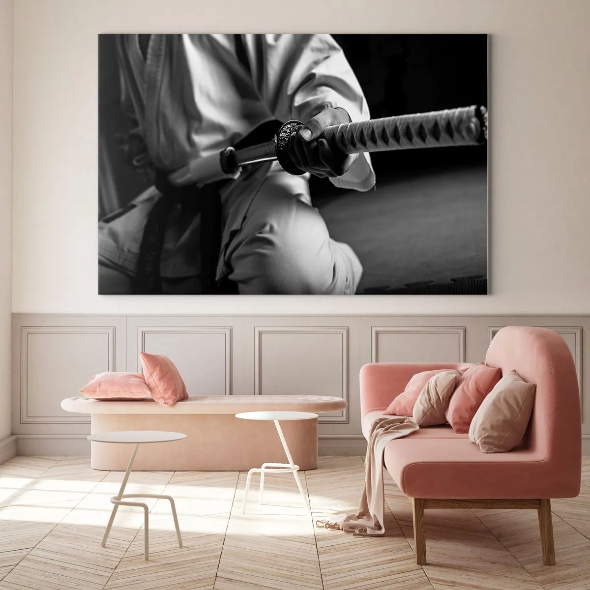 Cuadro sobre vidrio - Impresiones sobre Vidrio - Una figura con un kimono sosteniendo una espada, composición en blanco y negro. - 70x50cm - Alma de guerrero - Decoración de pared moderna para salón y dormitorio ARTTOR