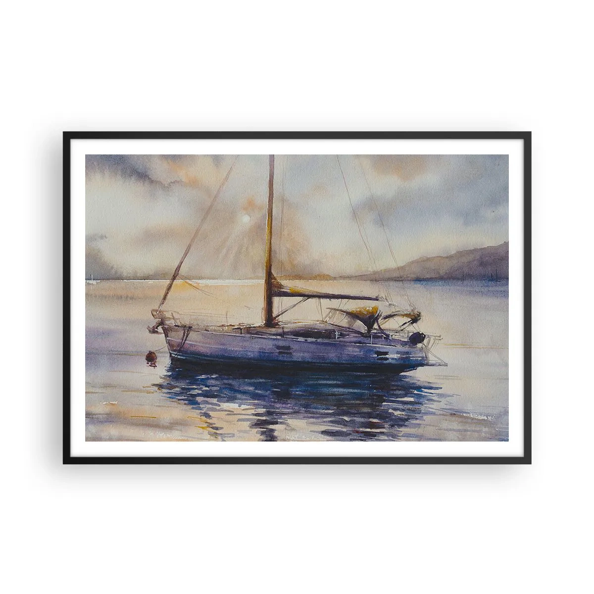 Póster en marco negro - Un yate en un mar tranquilo al atardecer. - 100x70cm - Atardecer en la bahía - Decoración de pared moderna para salón y dormitorio ARTTOR