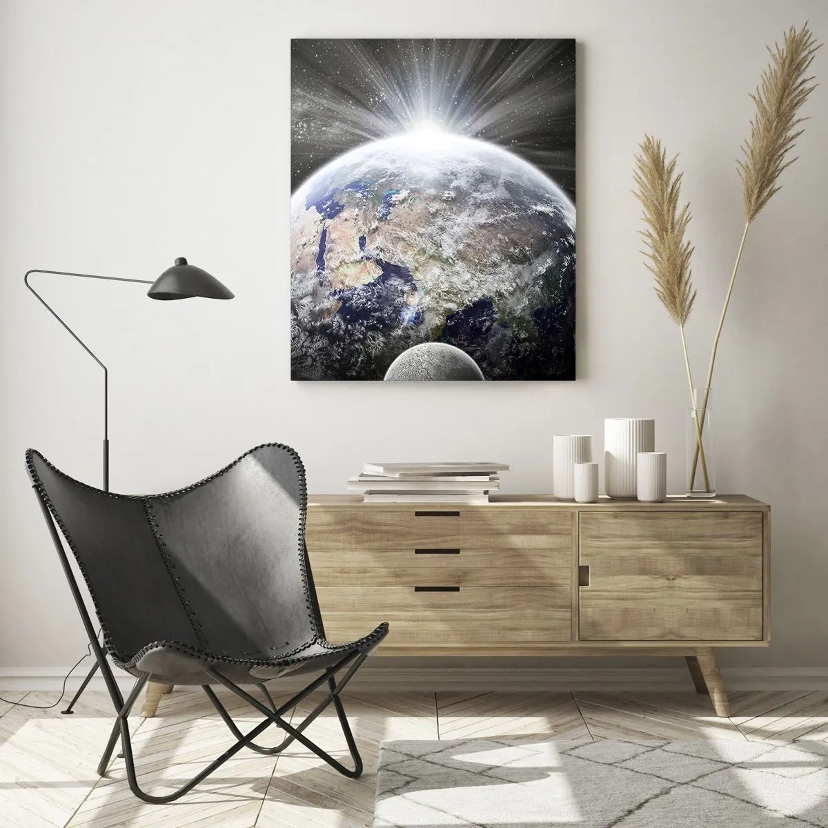 Cuadro sobre vidrio - Impresiones sobre Vidrio - La Tierra y la Luna en un paisaje espacial - 50x70cm - En todo su esplendor - Decoración de pared moderna para salón y dormitorio ARTTOR