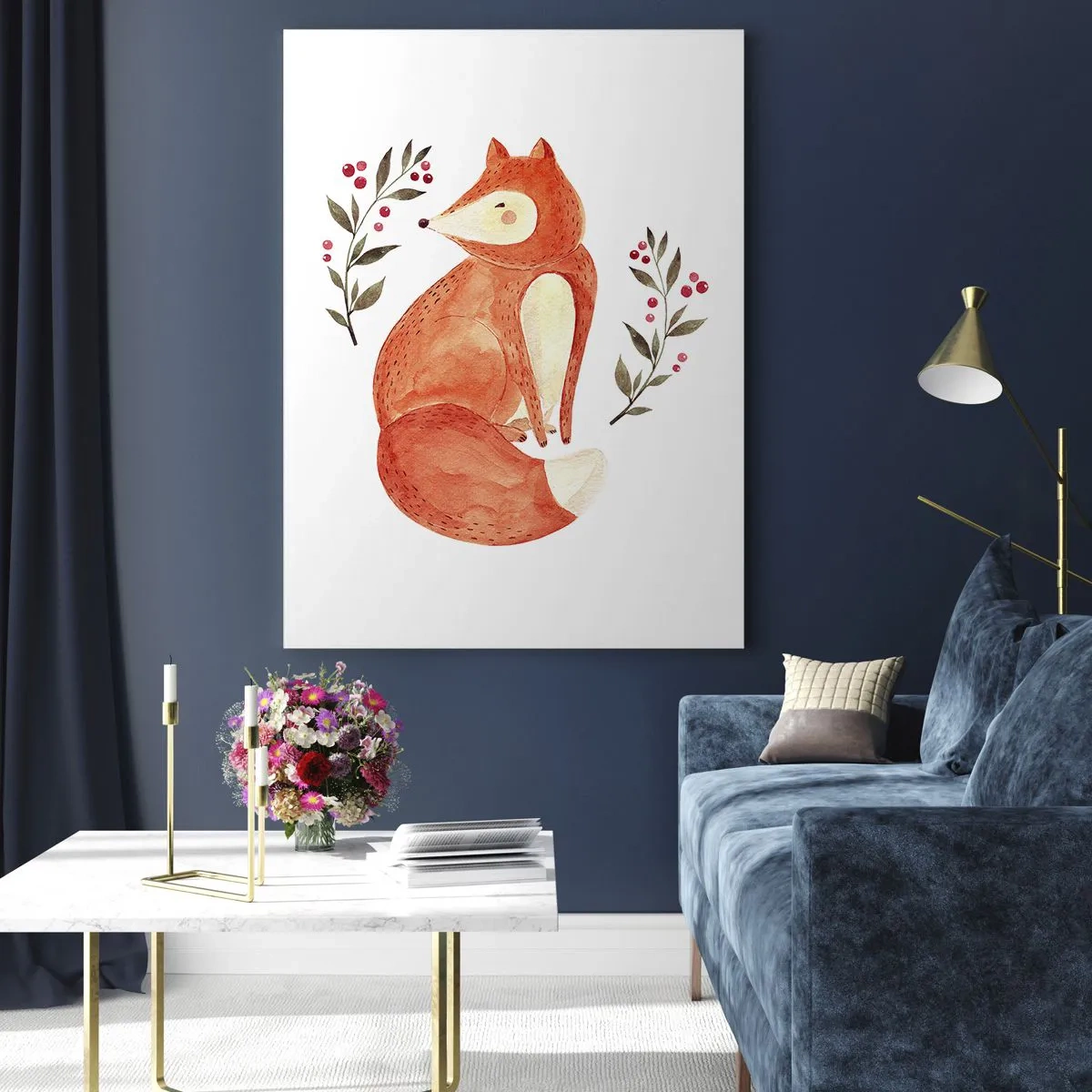 Cuadro sobre vidrio - Impresiones sobre Vidrio - Un zorro de acuarela rodeado de ramitas con bayas. - 80x120cm - Pequeño pelirrojo - Decoración de pared moderna para salón y dormitorio ARTTOR