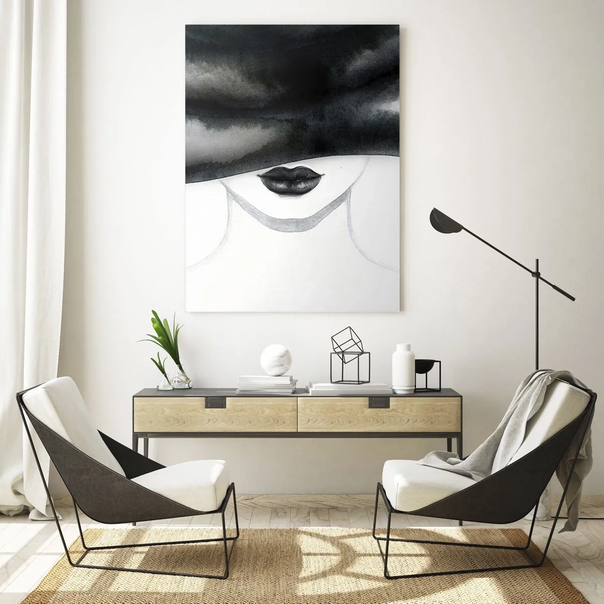 Cuadro sobre vidrio - Impresiones sobre Vidrio - Un retrato sutil de una mujer con el rostro cubierto en un estilo monocromático. - 80x120cm - Un misterio sensual - Decoración de pared moderna para salón y dormitorio ARTTOR