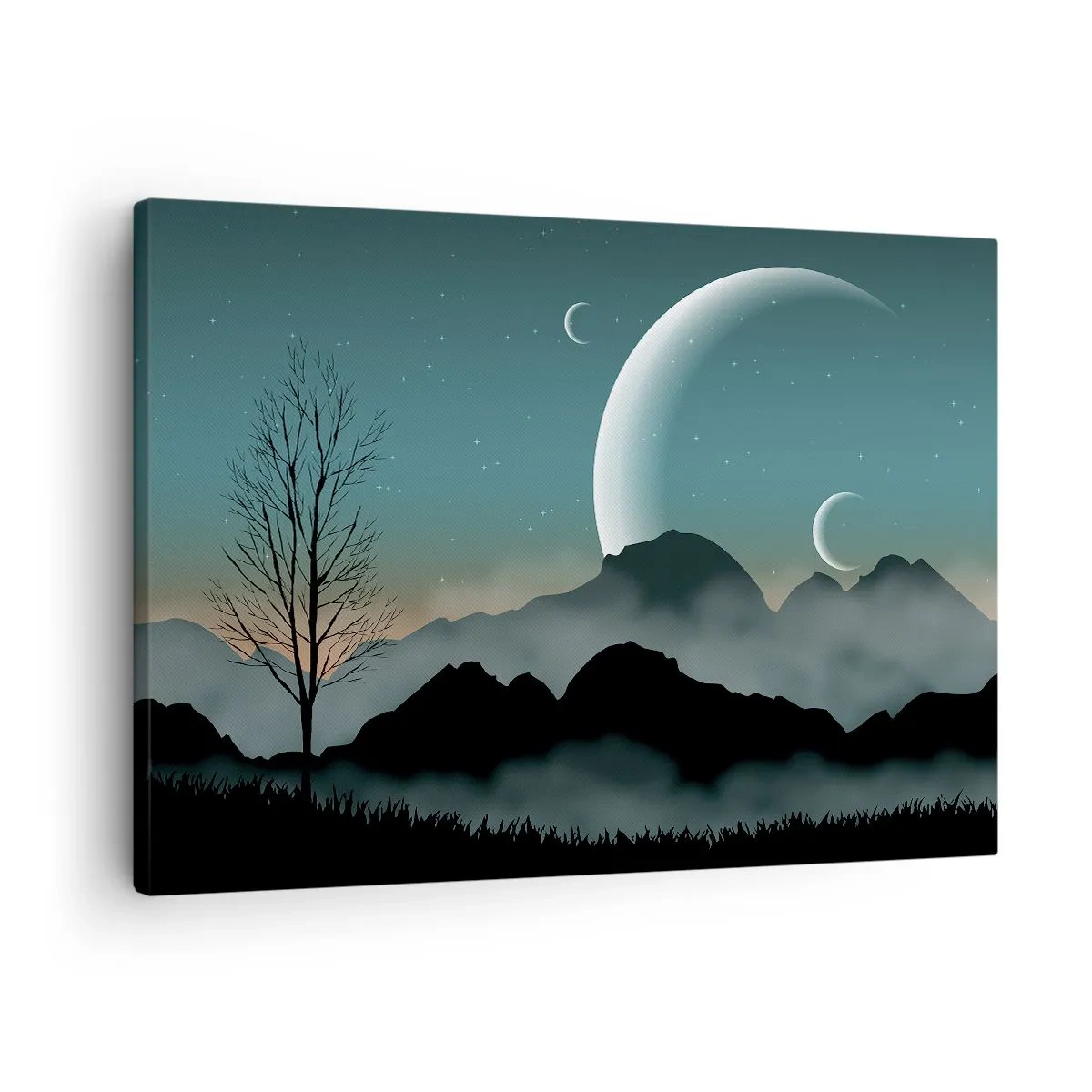 Cuadro sobre lienzo - Impresión de Imagen - Montañas brumosas con la luna y un árbol solitario. - 70x50cm - Un carnaval de noche estrellada - Decoración de pared moderna para salón y dormitorio ARTTOR
