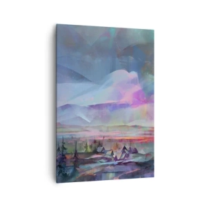 Cuadro sobre lienzo - Impresión de Imagen - Paisaje de montaña con un cielo colorido y un pueblo. - 70x100cm - Bajo un cielo benévolo - Decoración de pared moderna para salón y dormitorio ARTTOR