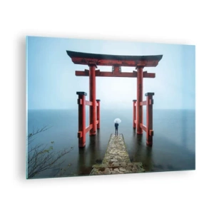 Cuadro sobre vidrio - Impresiones sobre Vidrio - Un torii rojo sobre aguas tranquilas en un entorno brumoso. - 70x50cm - Ensueño japonés - Decoración de pared moderna para salón y dormitorio ARTTOR