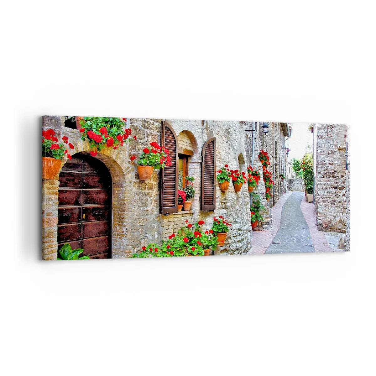 Cuadro sobre lienzo - Impresión de Imagen - Una calle estrecha con edificios de piedra decorados con macetas. - 120x50cm - Ambiente italiano - Decoración de pared moderna para salón y dormitorio ARTTOR