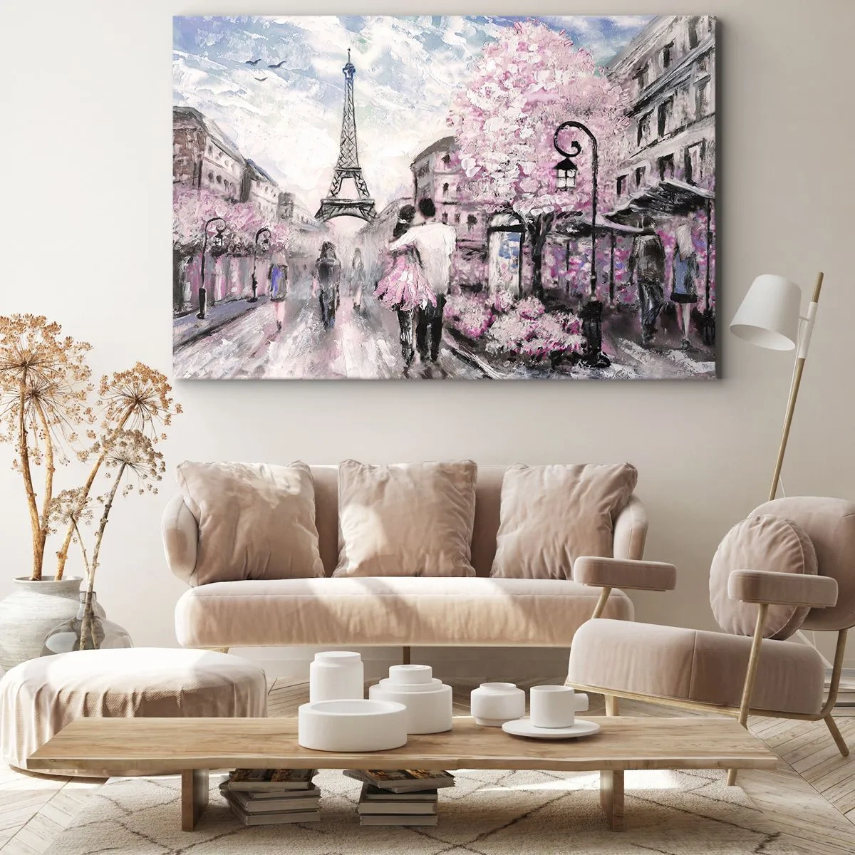 Cuadro sobre lienzo - Impresión de Imagen - Un paseo romántico por París junto a la Torre Eiffel - 120x80cm - La ciudad del amor - Decoración de pared moderna para salón y dormitorio ARTTOR