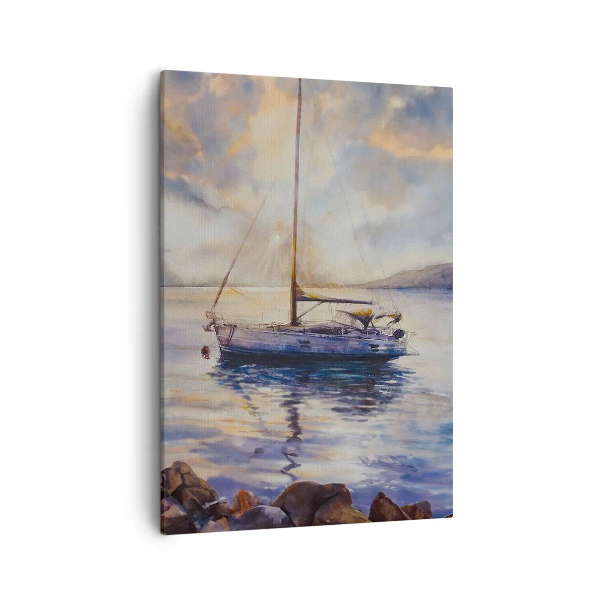 Cuadro sobre lienzo - Impresión de Imagen - Un yate en un mar tranquilo al atardecer. - 50x70cm - Atardecer en la bahía - Decoración de pared moderna para salón y dormitorio ARTTOR