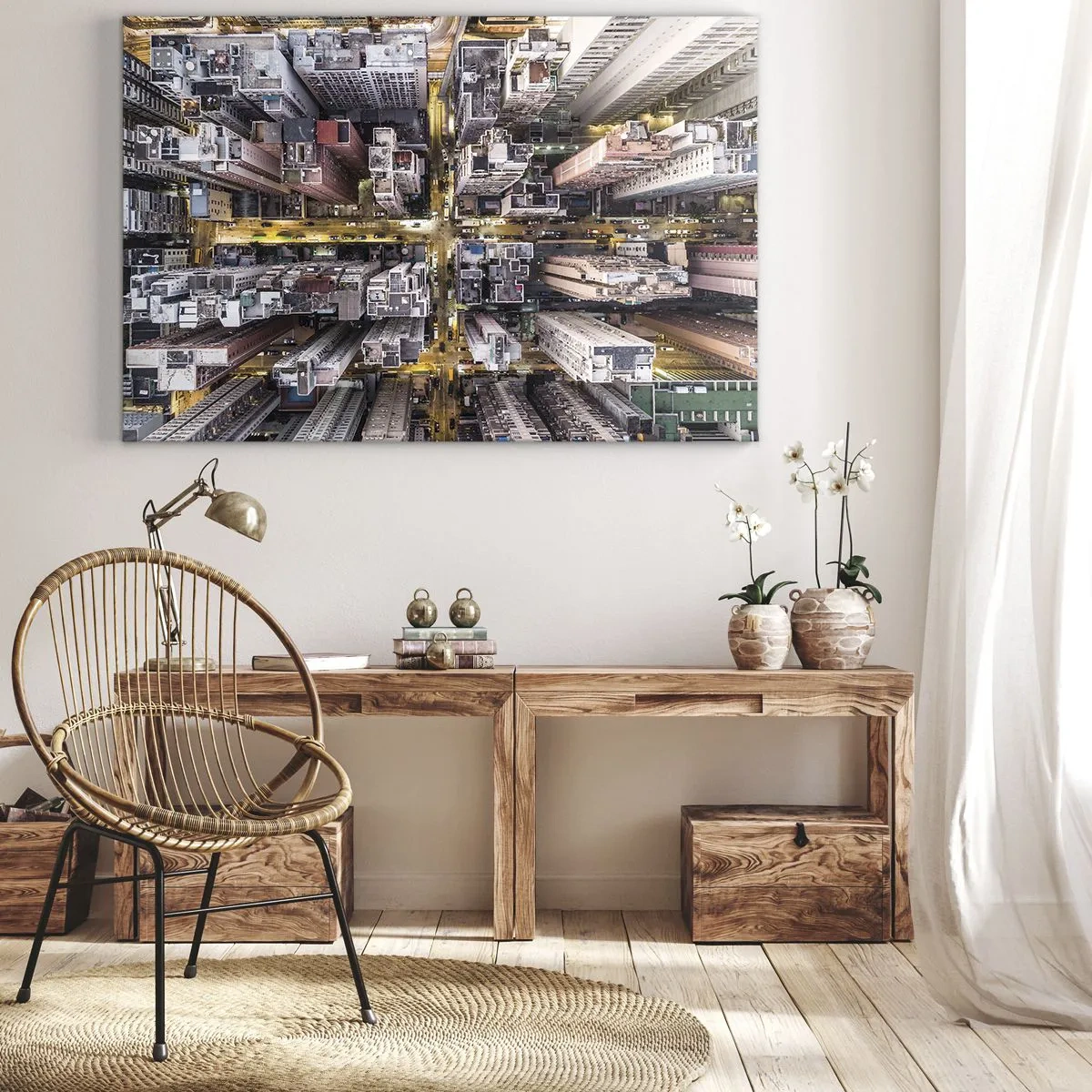 Cuadro sobre lienzo - Impresión de Imagen - Una vista de pájaro de una ciudad llena de rascacielos. - 70x50cm - Saludos desde Hong Kong - Decoración de pared moderna para salón y dormitorio ARTTOR