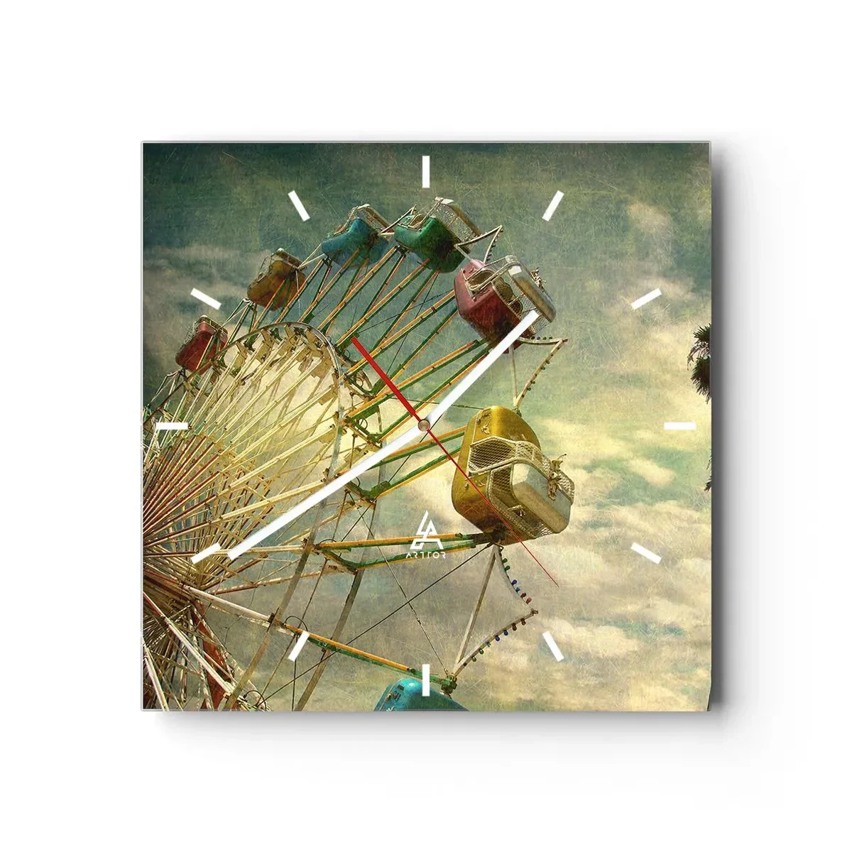 Reloj de pared - Reloj de vidrio - Fotografía retro de una noria con palmeras contra el cielo. - 30x30cm - Será, será un día estupendo.... - Decoración de pared moderna para salón y dormitorio ARTTOR
