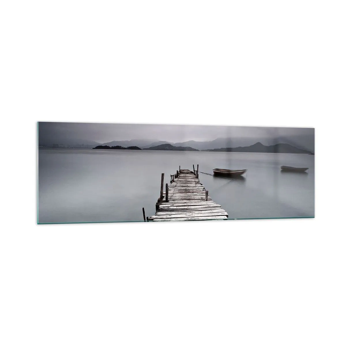 Cuadro sobre vidrio - Impresiones sobre Vidrio - Un puente de madera que conduce a la tranquila superficie del lago. - 160x50cm - Mañana partimos - Decoración de pared moderna para salón y dormitorio ARTTOR