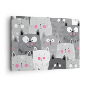 Cuadro sobre lienzo - Impresión de Imagen - Un patrón divertido con gatos en tonos grises. - 70x50cm - El mundo de los gatos - Decoración de pared moderna para salón y dormitorio ARTTOR