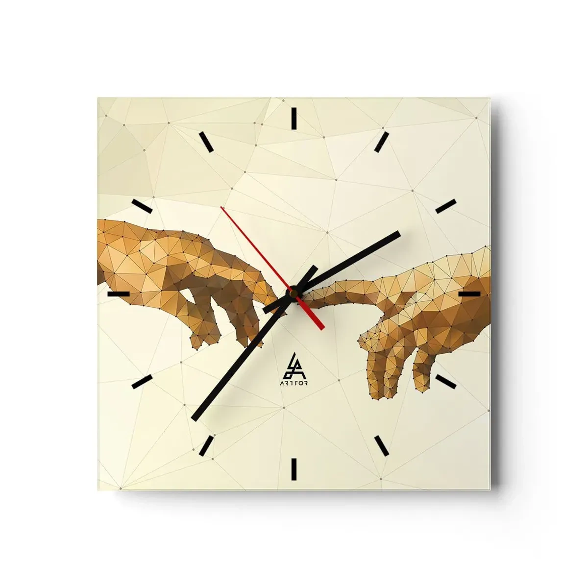 Reloj de pared - Reloj de vidrio - Manos geométricas que se extienden una hacia la otra sobre un fondo claro. - 30x30cm - Geometría divina - Decoración de pared moderna para salón y dormitorio ARTTOR