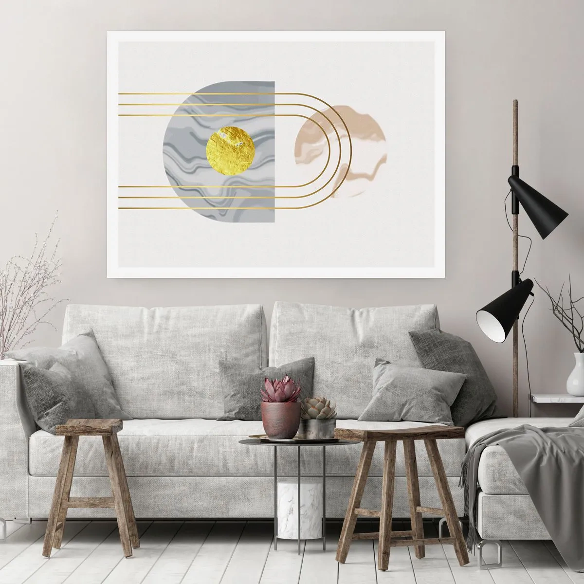 Póster - Composición abstracta con círculos y líneas doradas sobre fondo claro. - 100x70cm - Brillo y resplandor - Decoración de pared moderna para salón y dormitorio ARTTOR