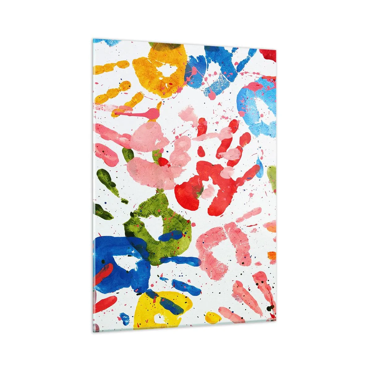 Cuadro sobre vidrio - Impresiones sobre Vidrio - Huellas de manos coloridas sobre un fondo blanco - 50x70cm - Juego de manos - Decoración de pared moderna para salón y dormitorio ARTTOR