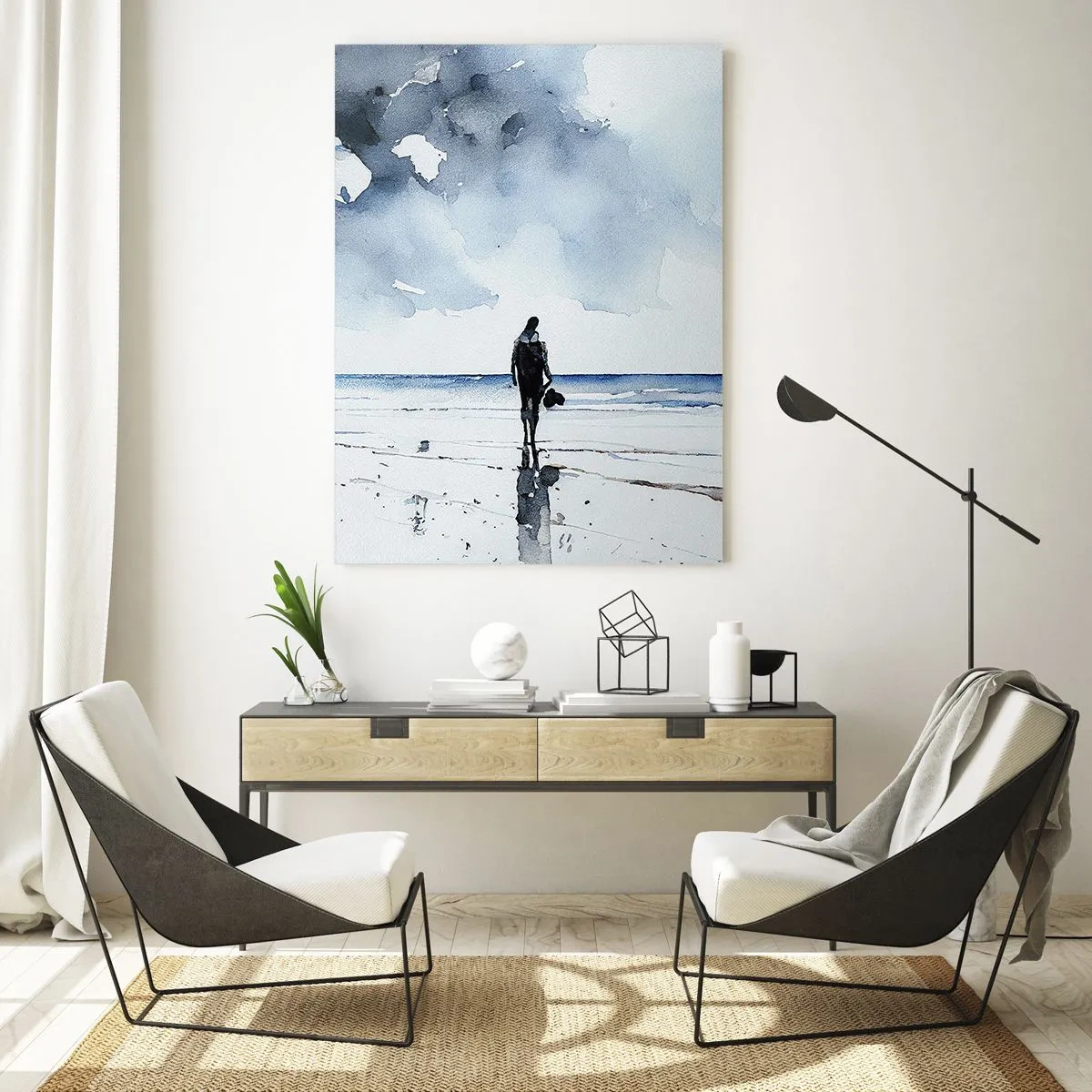 Cuadro sobre vidrio - Impresiones sobre Vidrio - Una figura en una playa en un entorno de mar tranquilo. - 80x120cm - Conversación con el mar - Decoración de pared moderna para salón y dormitorio ARTTOR