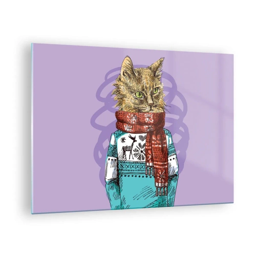 Cuadro sobre vidrio - Impresiones sobre Vidrio - Un gato con un suéter y una bufanda sobre un fondo morado. - 70x50cm - El gato no solo tenía botas - Decoración de pared moderna para salón y dormitorio ARTTOR