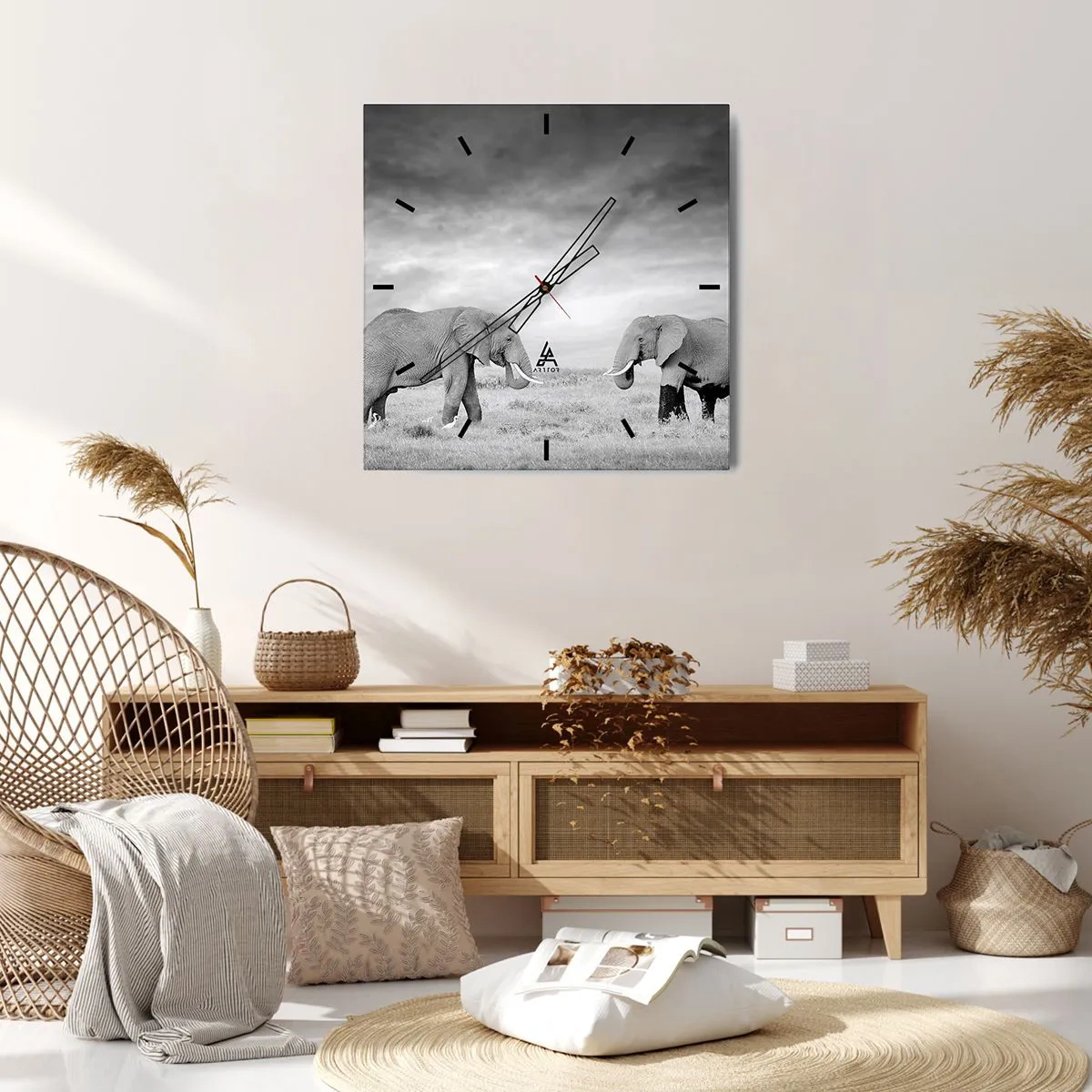 Reloj de pared - Reloj de vidrio - Dos elefantes con la sabana africana como telón de fondo - 30x30cm - El gris es hermoso - Decoración de pared moderna para salón y dormitorio ARTTOR