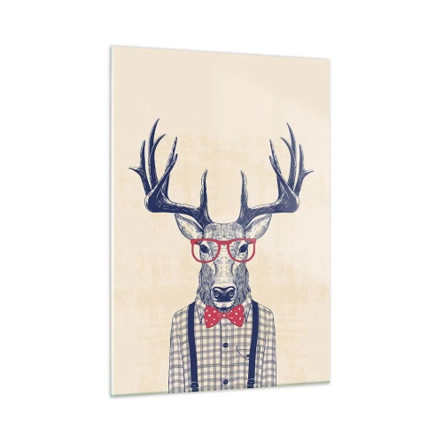 Cuadro sobre vidrio - Impresiones sobre Vidrio - Ilustración de un ciervo con gafas y pajarita. - 50x70cm - Una extravagancia lúdica - Decoración de pared moderna para salón y dormitorio ARTTOR
