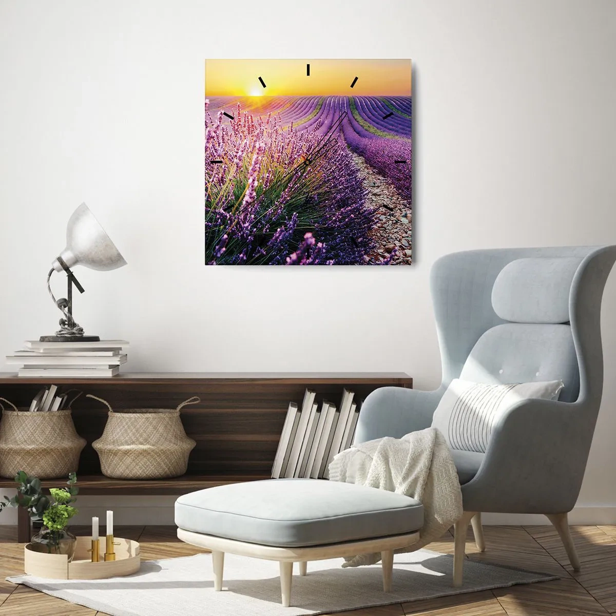 Reloj de pared - Reloj de vidrio - Campo de lavanda al atardecer - 30x30cm - Pradera fragante - Decoración de pared moderna para salón y dormitorio ARTTOR