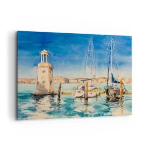 Cuadro sobre lienzo - Impresión de Imagen - Puerto deportivo con barcos con el fondo de una laguna azul - 120x80cm - Laguna soleada - Decoración de pared moderna para salón y dormitorio ARTTOR