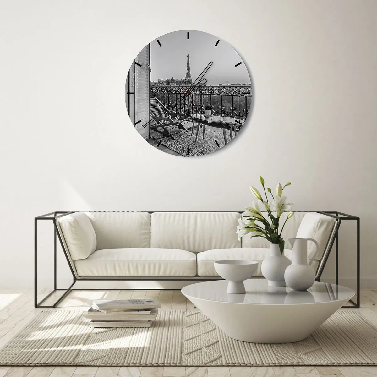 Reloj de pared - Reloj de vidrio - Vista desde el balcón de la Torre Eiffel en blanco y negro - 30x30cm - Una tarde parisina - Decoración de pared moderna para salón, cocina y dormitorio ARTTOR