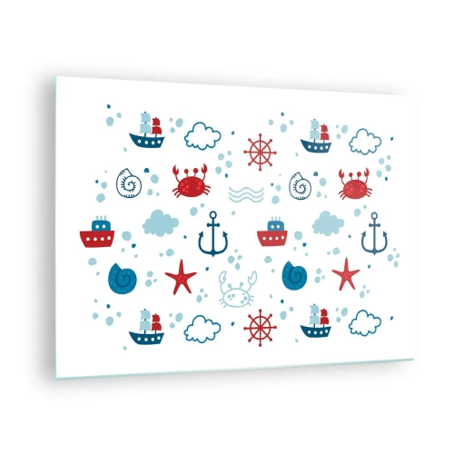 Cuadro sobre vidrio - Impresiones sobre Vidrio - Patrones náuticos con cangrejos, anclas y barcos. - 70x50cm - Un cuento de mar - Decoración de pared moderna para salón y dormitorio ARTTOR