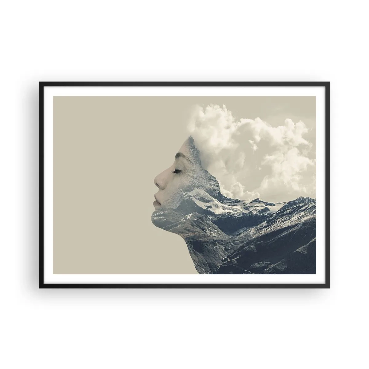 Póster en marco negro - Silueta de una mujer con un paisaje montañoso al fondo - 100x70cm - La belleza de los elementos - Decoración de pared moderna para salón y dormitorio ARTTOR