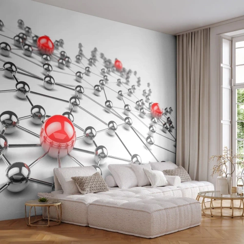 Fotomural Premium Sand - Red abstracta de esferas metálicas interconectadas - 100x70cm - Una red plateada - Decoración de pared moderna para salón y dormitorio ARTTOR