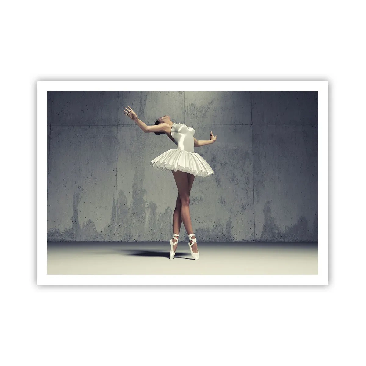 Póster - Una bailarina de ballet con un vestido blanco frente a una pared sin rematar. - 100x70cm - Ligero como un pájaro - Decoración de pared moderna para salón y dormitorio ARTTOR