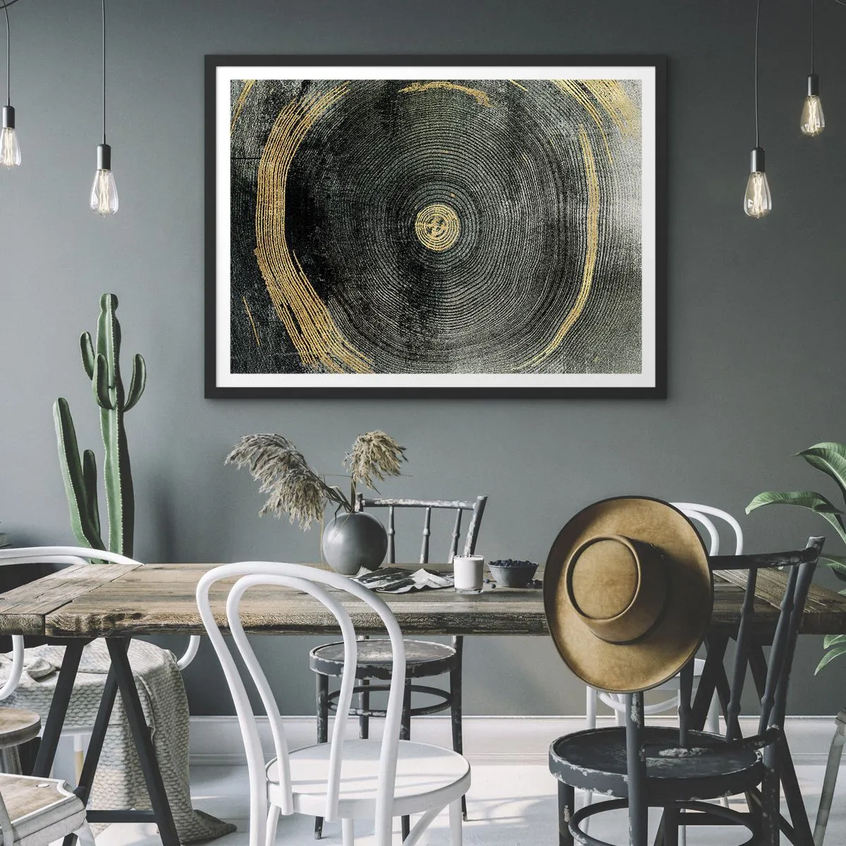 Póster en marco negro - Círculos concéntricos con acentos dorados. - 70x50cm - Cambio y perpetuidad - Decoración de pared moderna para salón y dormitorio ARTTOR