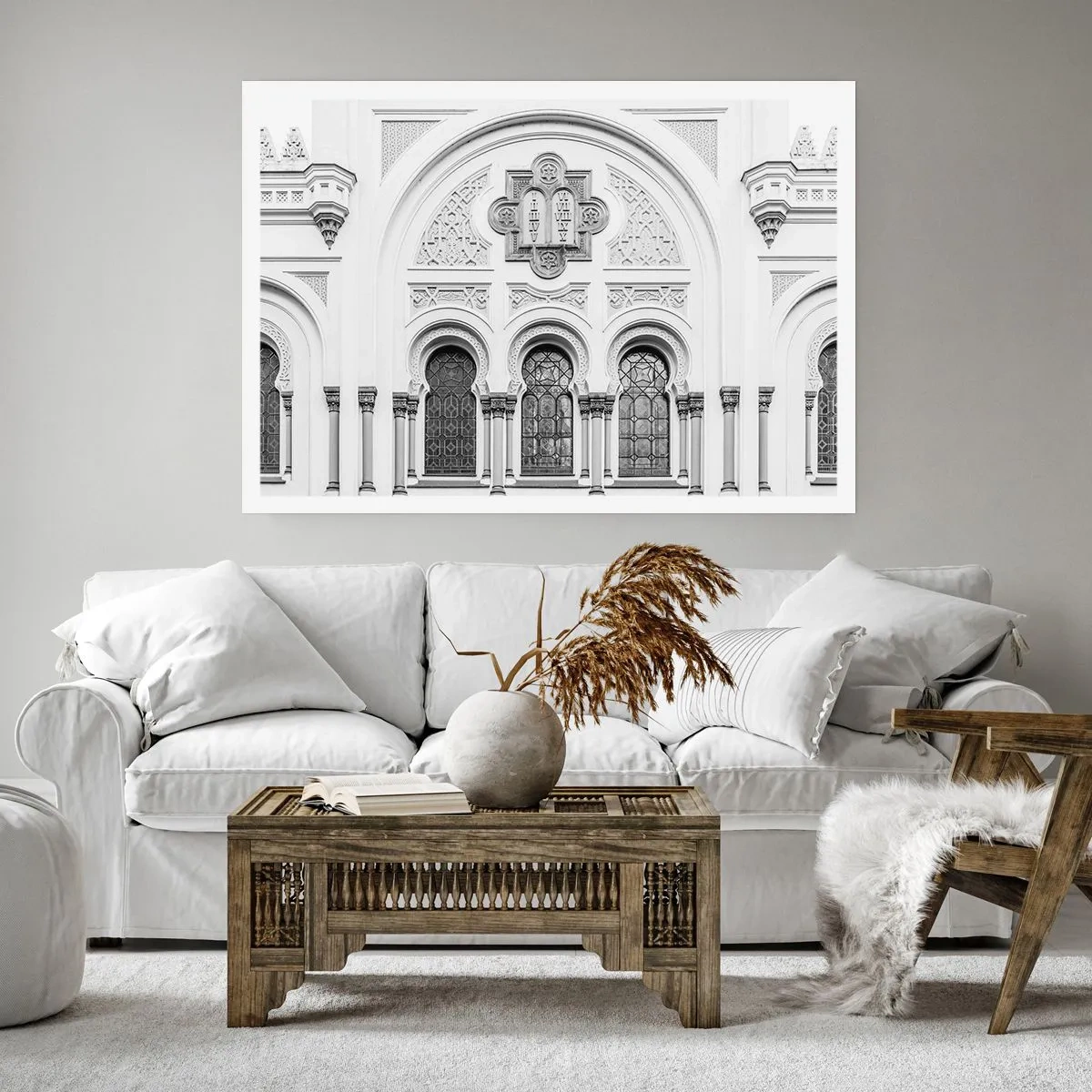 Póster - Detalles arquitectónicos de la fachada en estilo monocromático. - 100x70cm - En la frontera de las culturas - Decoración de pared moderna para salón y dormitorio ARTTOR