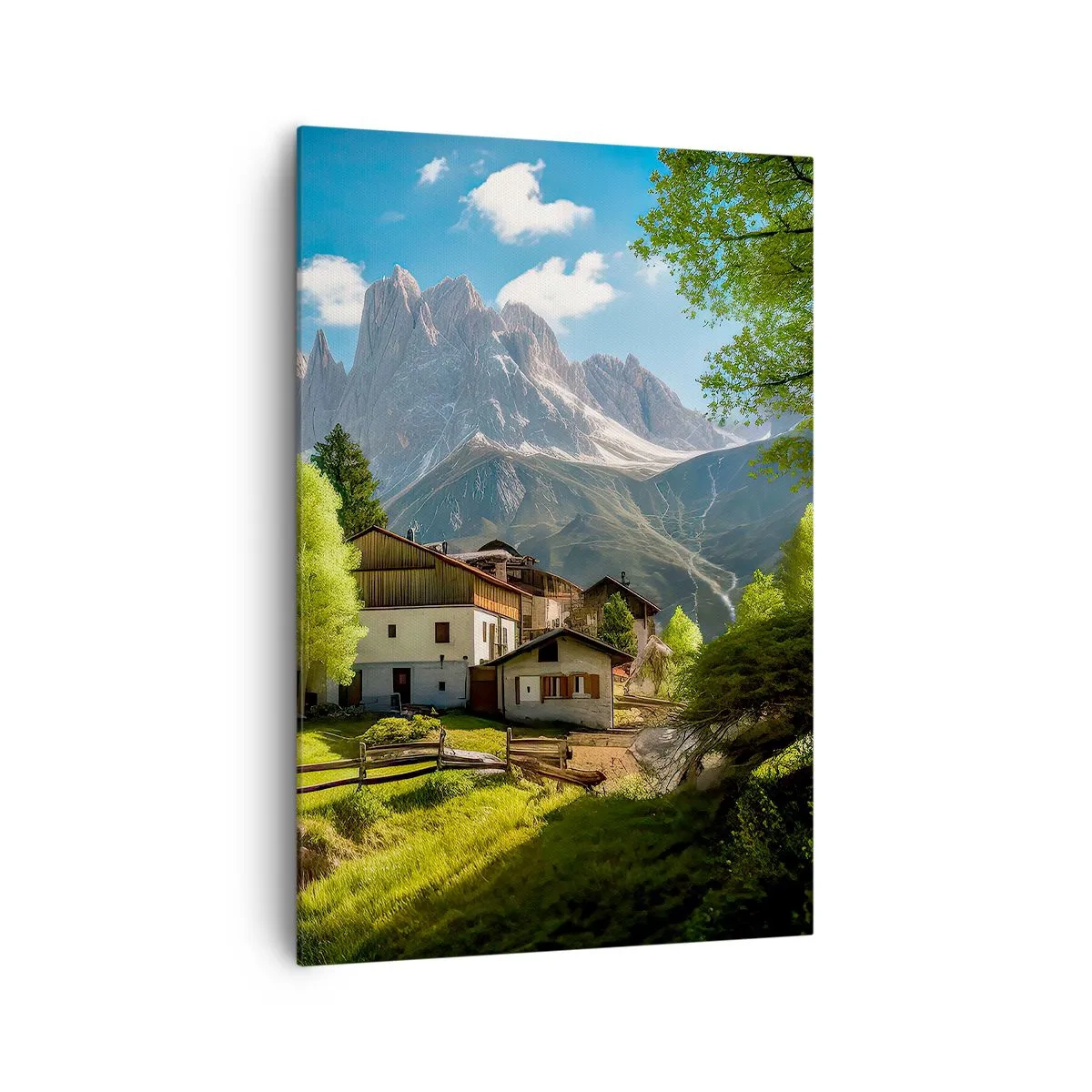 Cuadro sobre lienzo - Impresión de Imagen - Un pueblo de montaña con casas y vistas a los Alpes. - 70x100cm - Idilio alpino - Decoración de pared moderna para salón y dormitorio ARTTOR