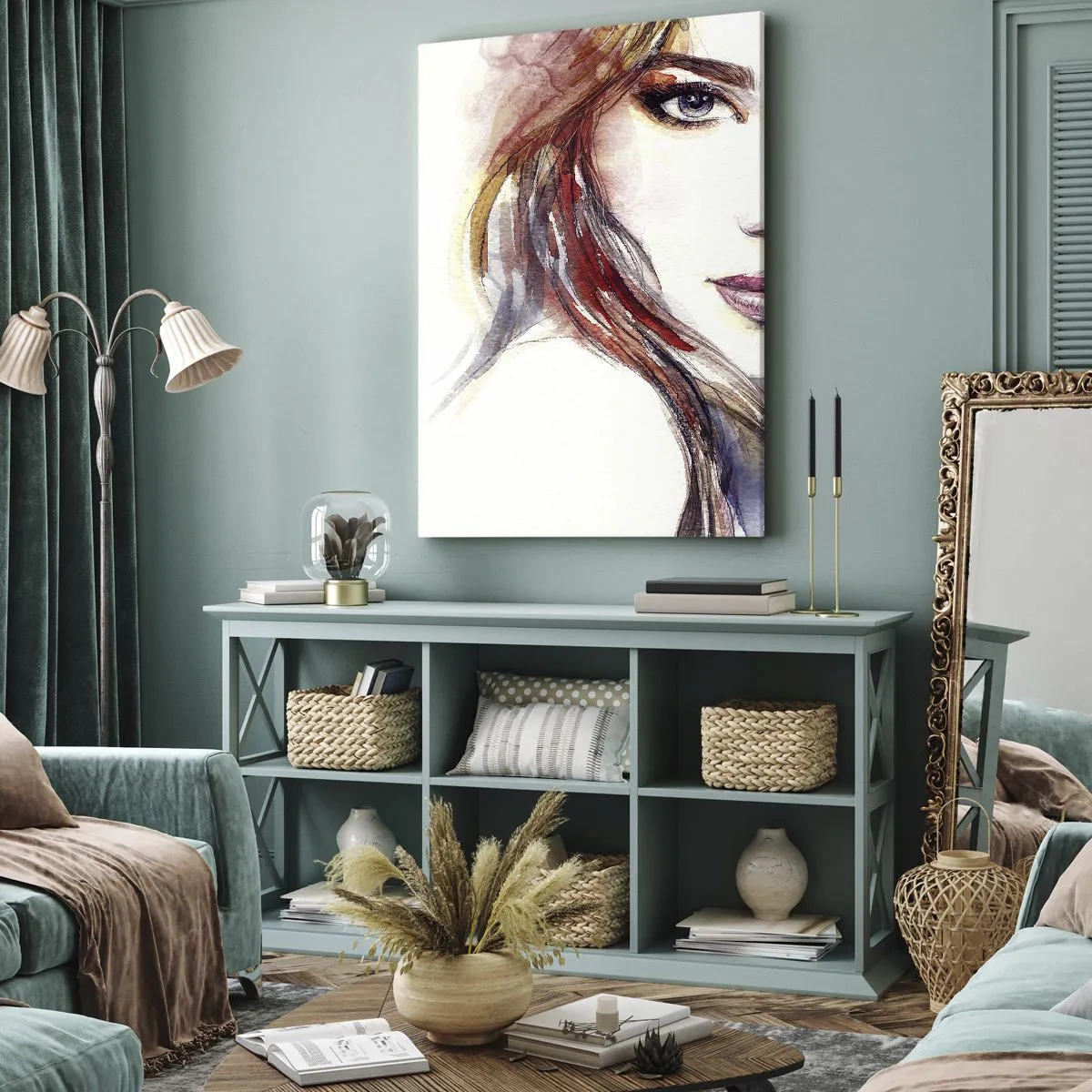 Cuadro sobre lienzo - Impresión de Imagen - Una sutil acuarela del rostro de una mujer con una mirada expresiva. - 50x70cm - Sígueme - Decoración de pared moderna para salón y dormitorio ARTTOR