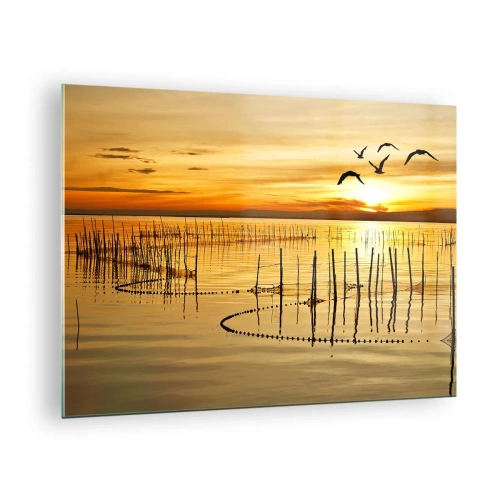 Cuadro sobre vidrio - Impresiones sobre Vidrio - Puesta de sol sobre un lago con pájaros y redes de pesca. - 70x50cm - Horizonte naranja - Decoración de pared moderna para salón y dormitorio ARTTOR