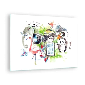 Cuadro sobre vidrio - Impresiones sobre Vidrio - Ilustración de un fotógrafo con una cámara y animales. - 70x50cm - En la objetivo de un viajero - Decoración de pared moderna para salón y dormitorio ARTTOR