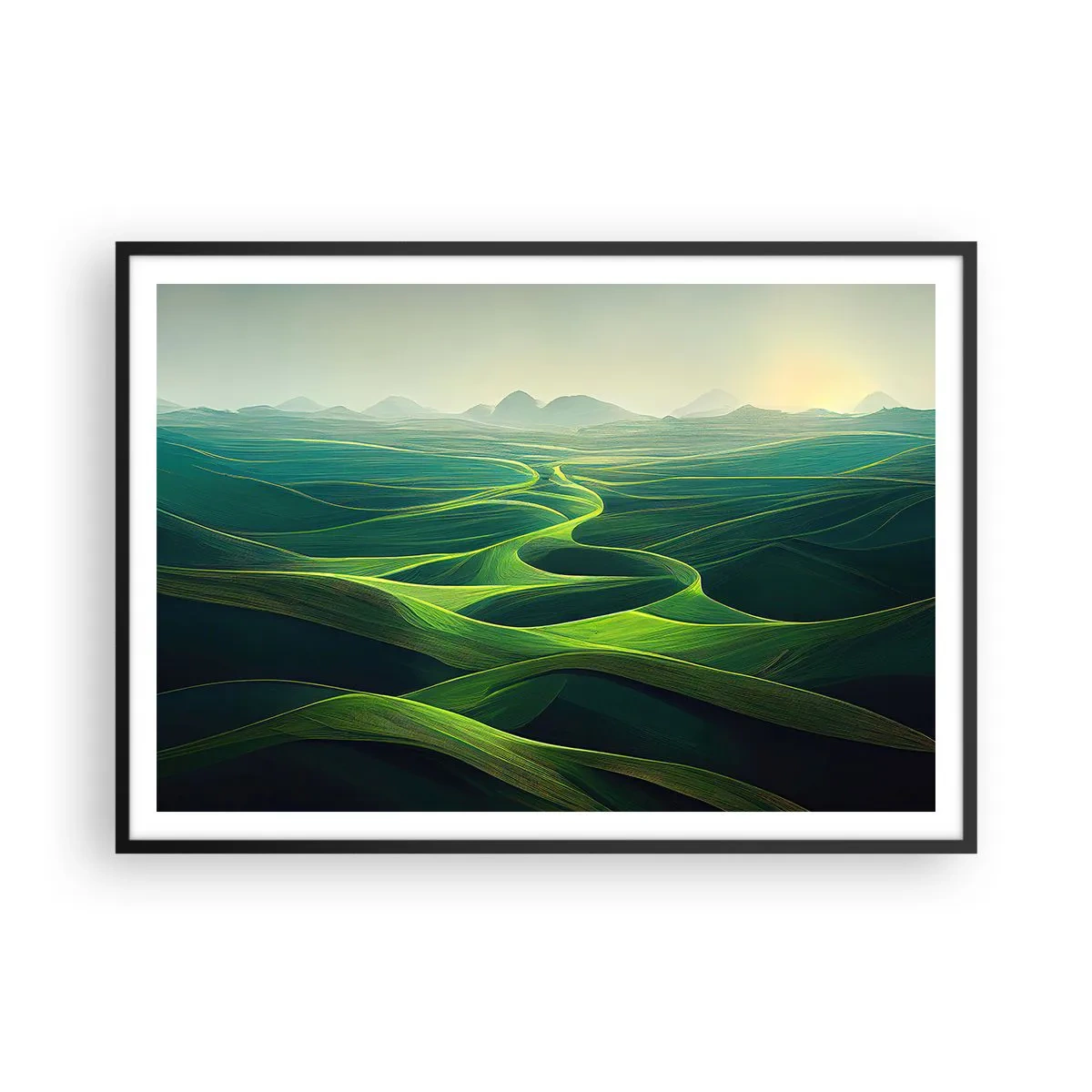 Póster en marco negro - Colinas verdes con senderos ondulados - 100x70cm - Valles en tonos verdes - Decoración de pared moderna para salón y dormitorio ARTTOR