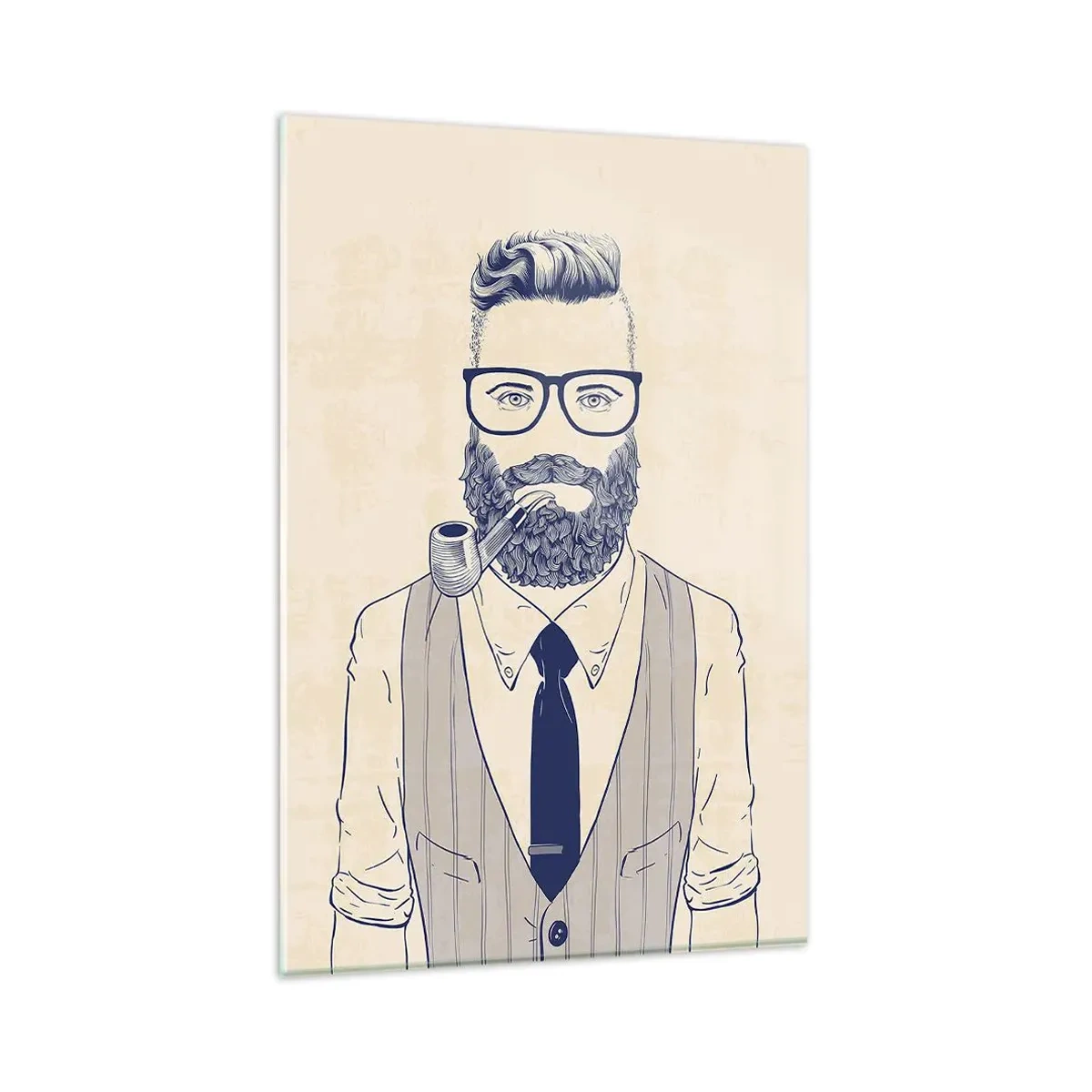 Cuadro sobre vidrio - Impresiones sobre Vidrio - Hombre estilizado con barba, pipa y gafas. - 80x120cm - Alegre, masculino y a la moda - Decoración de pared moderna para salón y dormitorio ARTTOR