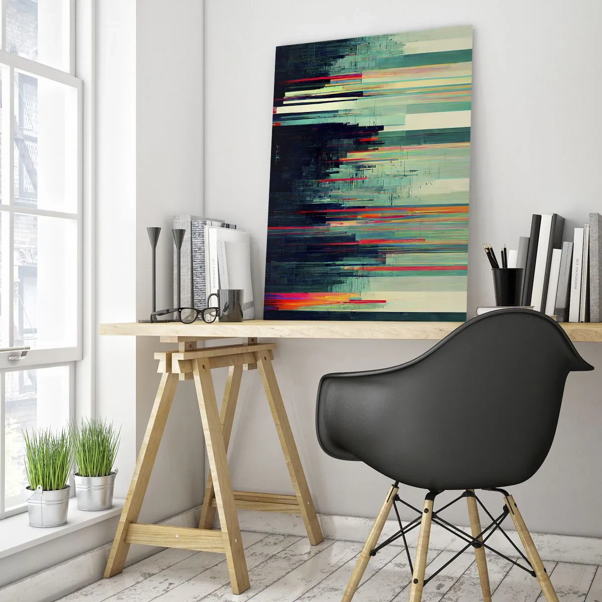 Cuadro sobre vidrio - Impresiones sobre Vidrio - Abstracción con líneas verticales y un horizonte de ciudad. - 70x100cm - Ciudad futurista - Decoración de pared moderna para salón y dormitorio ARTTOR
