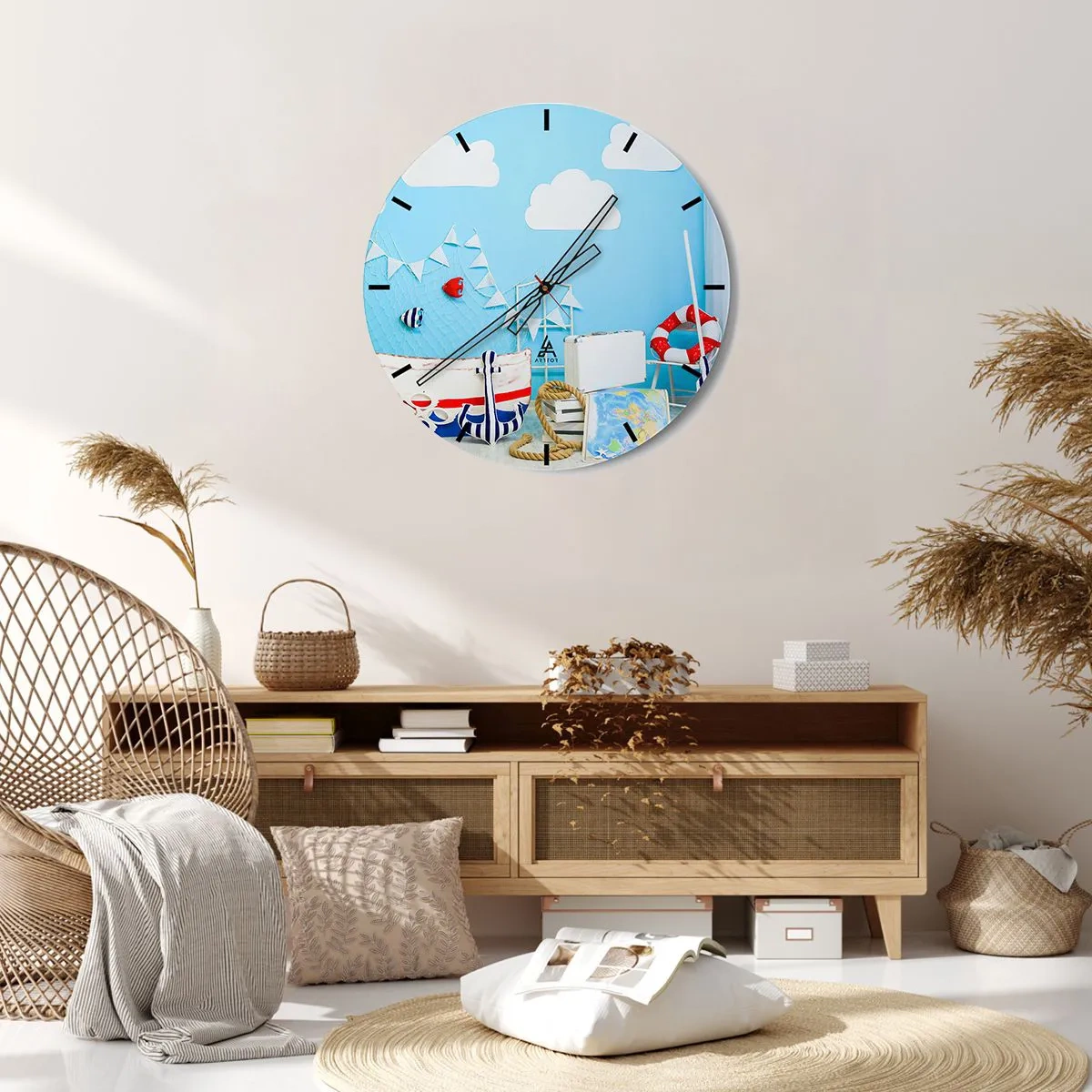 Reloj de pared - Reloj de vidrio - Tema náutico con fondo azul. - 30x30cm - El ansia de aventura de un niño - Decoración de pared moderna para salón, cocina y dormitorio ARTTOR