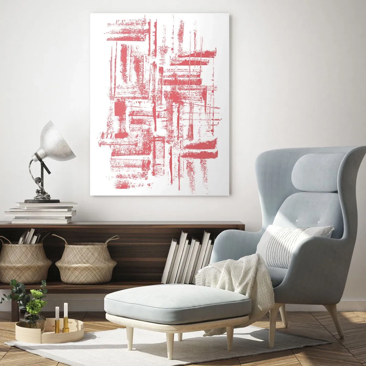 Cuadro sobre vidrio - Impresiones sobre Vidrio - Una composición abstracta en rojo que se asemeja al contorno de la arquitectura urbana. - 50x70cm - Ciudad roja - Decoración de pared moderna para salón y dormitorio ARTTOR