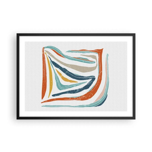 Póster en marco negro - Líneas coloridas y dinámicas en tonos azul, naranja y beige. - 70x50cm - Abstracción sonriente y amistosa - Decoración de pared moderna para salón y dormitorio ARTTOR