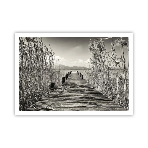 Póster - Un embarcadero de madera entre hierbas altas sobre un lago de tonos sepia. - 100x70cm - En la quietud de los juncos - Decoración de pared moderna para salón y dormitorio ARTTOR