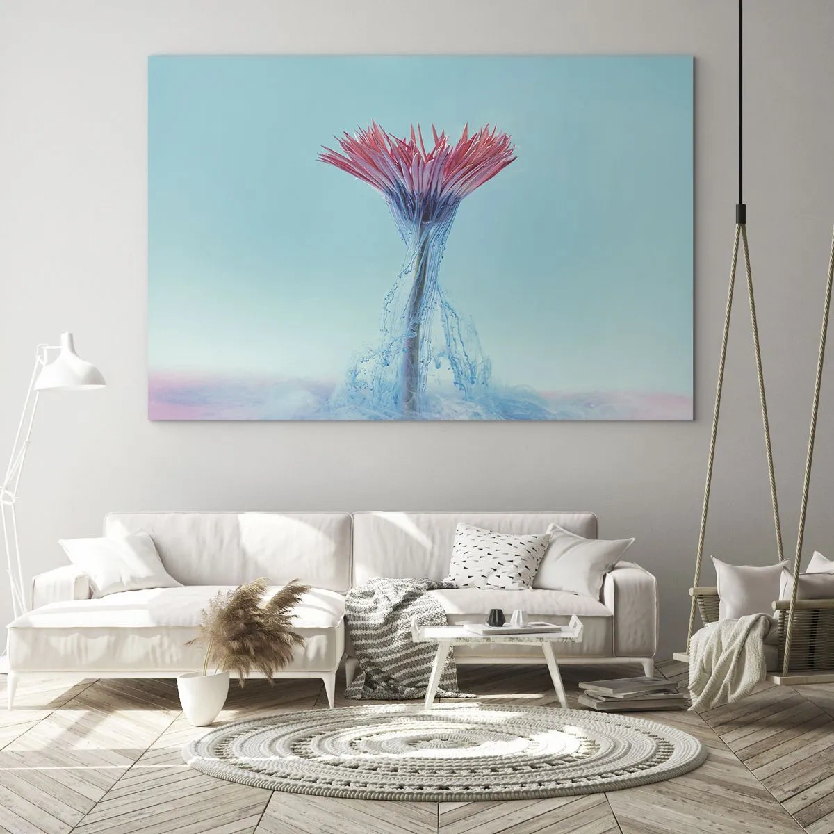Cuadro sobre vidrio - Impresiones sobre Vidrio - Una flor fantasiosa inmersa en una neblina azul y rosa. - 100x70cm - En un abrazo vigorizante - Decoración de pared moderna para salón y dormitorio ARTTOR