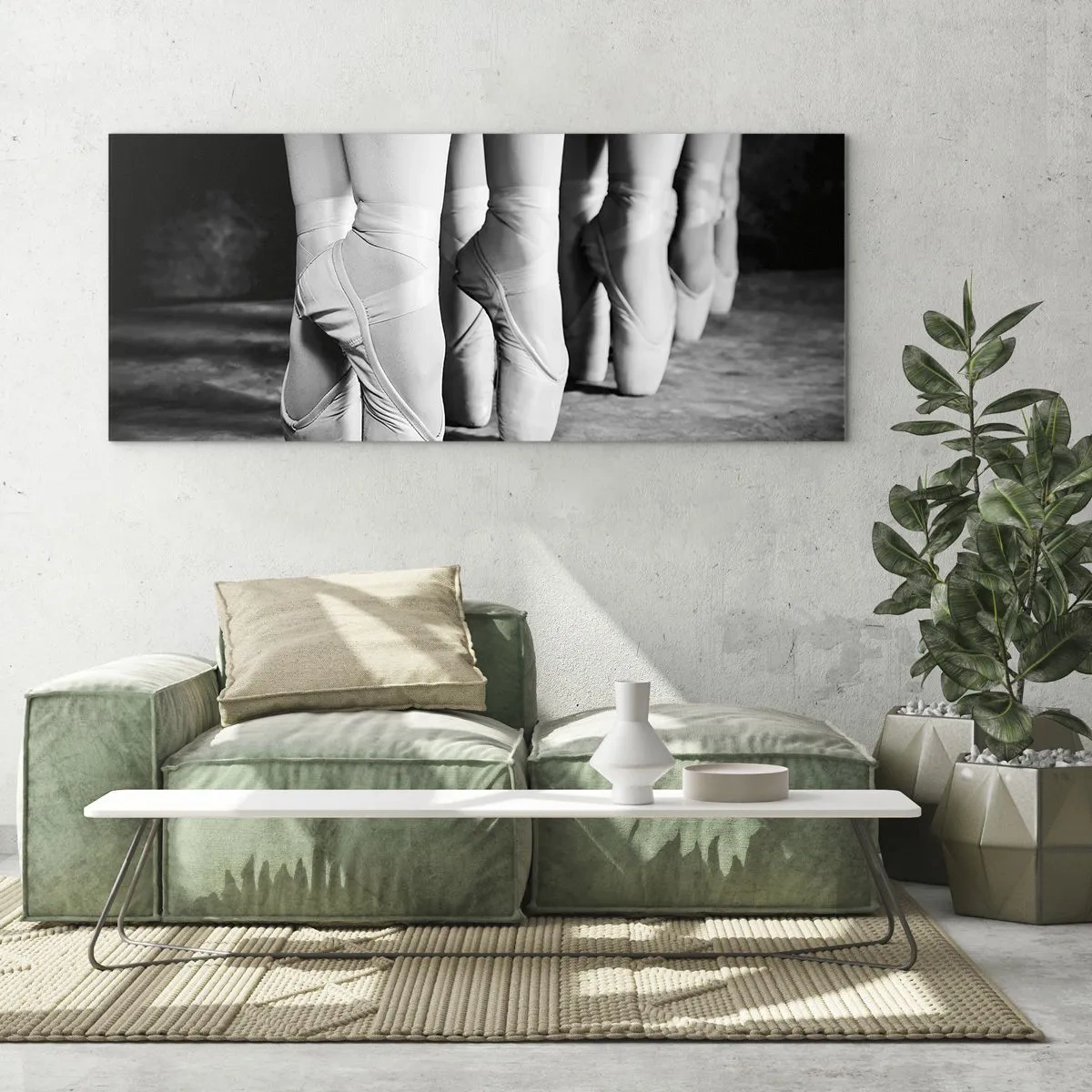 Cuadro sobre vidrio - Impresiones sobre Vidrio - Fotografía en blanco y negro de las zapatillas de ballet de una bailarina. - 160x50cm - En conjunto y al unísono - Decoración de pared moderna para salón y dormitorio ARTTOR