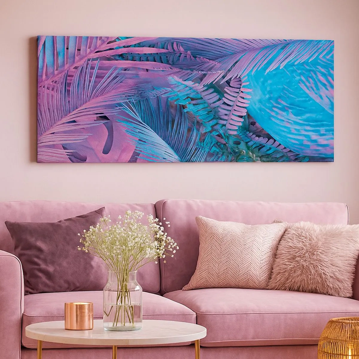 Cuadro sobre lienzo - Impresión de Imagen - Trópicos en rosa y azul - 100x40 cm