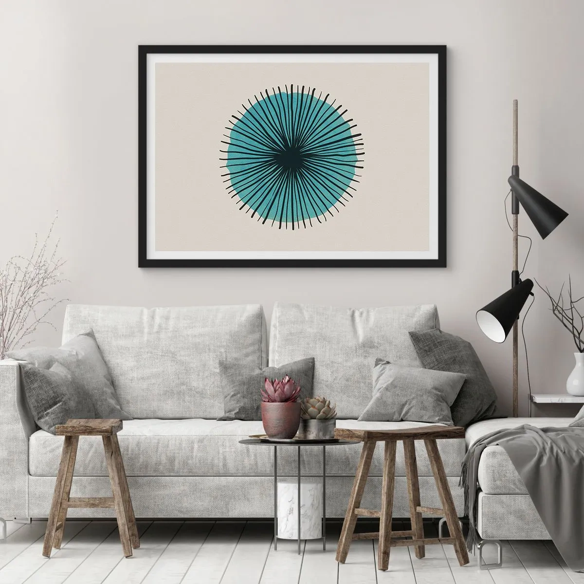 Póster en marco negro - Forma circular abstracta con rayos azules - 70x50cm - Radiante en azul - Decoración de pared moderna para salón y dormitorio ARTTOR