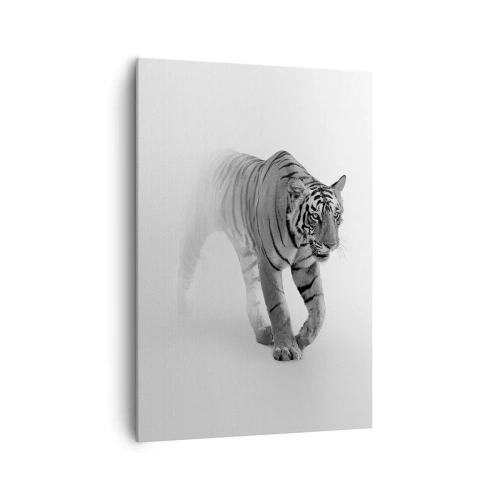 Cuadro sobre lienzo - Impresión de Imagen - Un tigre emergiendo de la niebla. - 70x100cm - Siempre alerta entre la niebla - Decoración de pared moderna para salón y dormitorio ARTTOR
