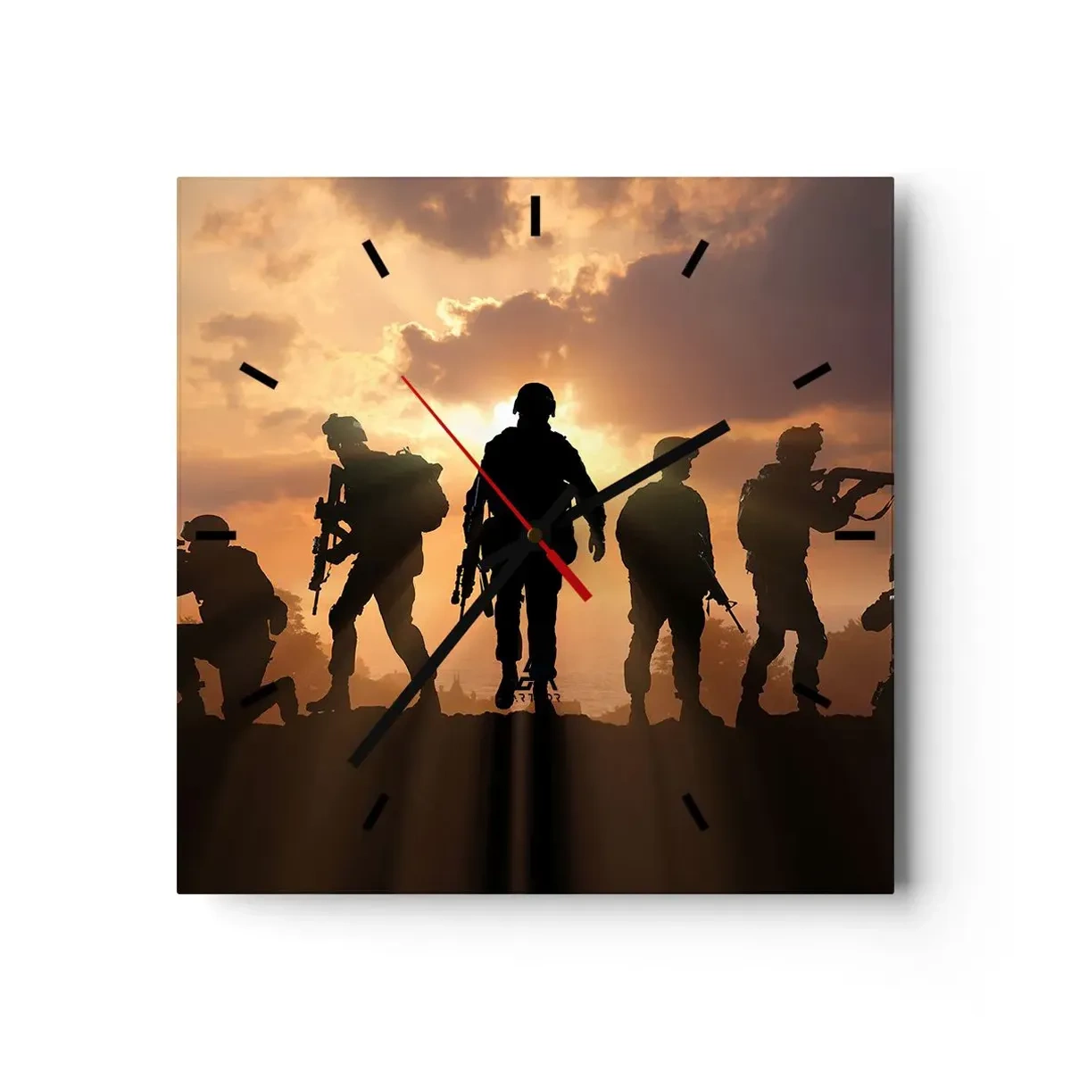 Reloj de pared - Reloj de vidrio - Soldados con el sol poniente como telón de fondo en un entorno dinámico. - 30x30cm - Hermanos de armas - Decoración de pared moderna para salón y dormitorio ARTTOR