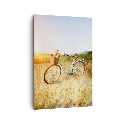 Cuadro sobre lienzo - Impresión de Imagen - Una bicicleta retro con una cesta llena de flores sobre un fondo de pradera. - 70x100cm - Me quedaré aquí un tiempo - Decoración de pared moderna para salón y dormitorio ARTTOR